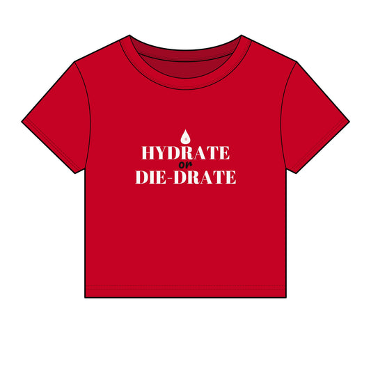 Red crew-neck crop top with HYDRATE or DIE-DiDRATE graphic print
