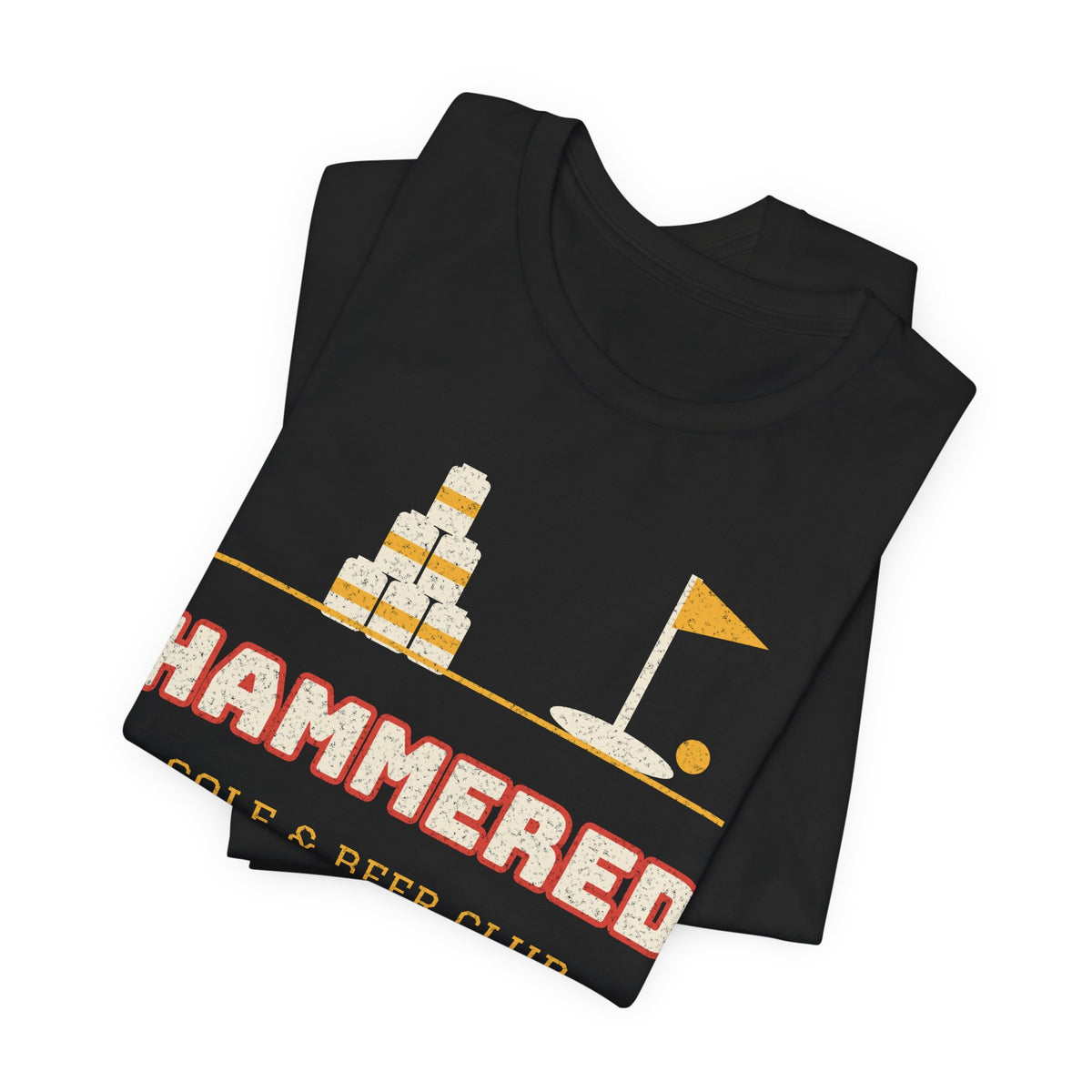Black crewneck T-shirt with 'HAMMERED' Gulf & Beer Club front graphic