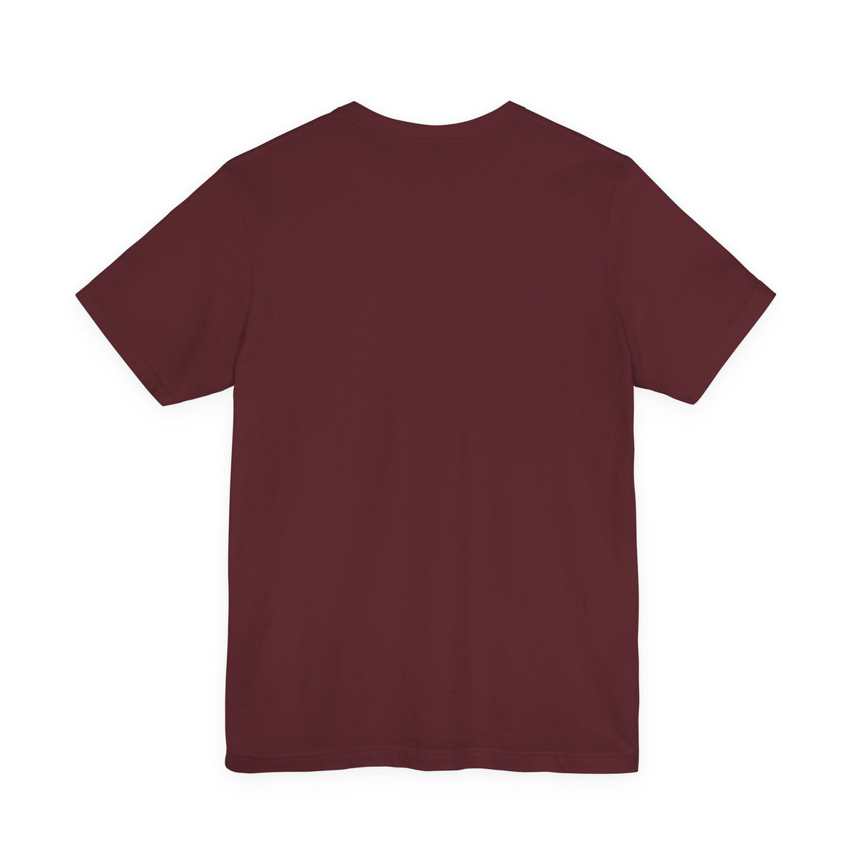 Maroon crew-neck short-sleeve T-shirt, plain front with no visible print.