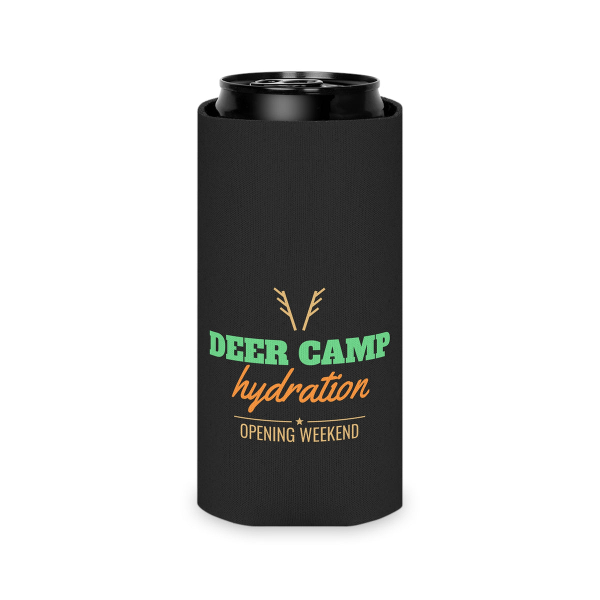 Black can koozie with open top and deer-antler hydration logo on front