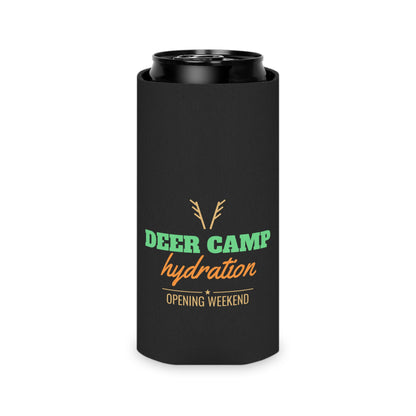 Black can koozie with open top and deer-antler hydration logo on front