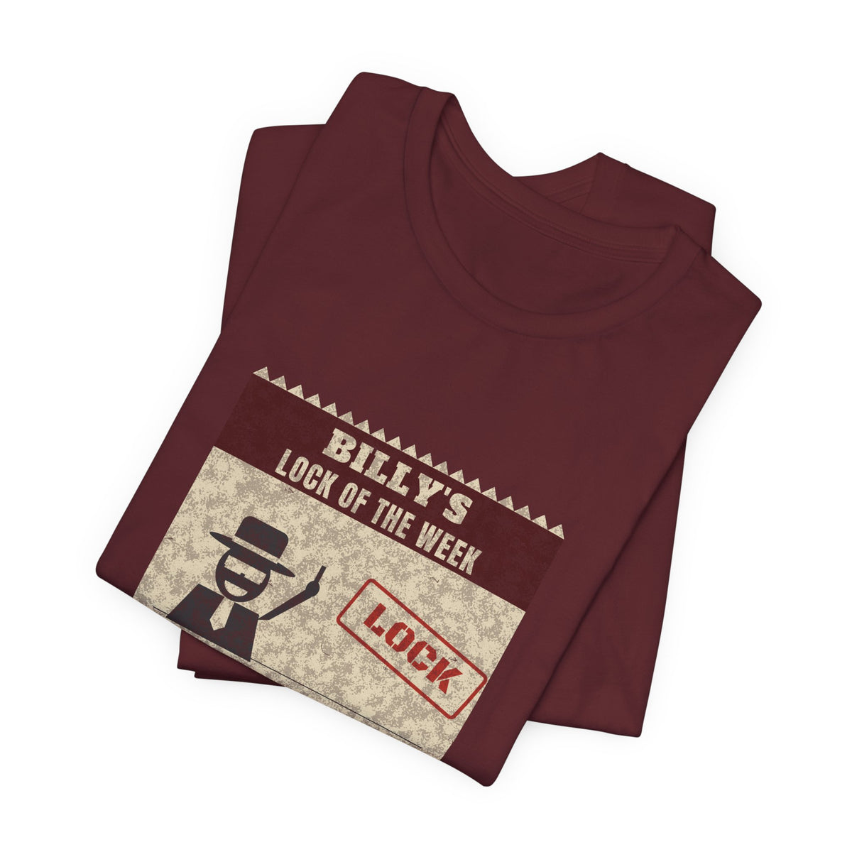 Maroon crewneck graphic tee with 'Lock' and 'BILLY'S' poster-style print