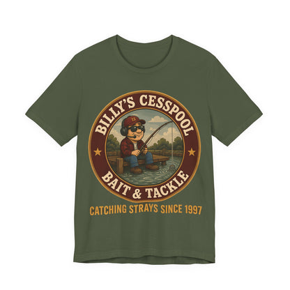 Military green graphic T-shirt with circular Billy’s Cesspool bait & tackle logo