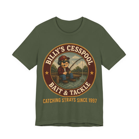Military green graphic T-shirt with circular Billy’s Cesspool bait & tackle logo