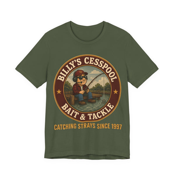 Military green graphic T-shirt with circular Billy’s Cesspool bait & tackle logo
