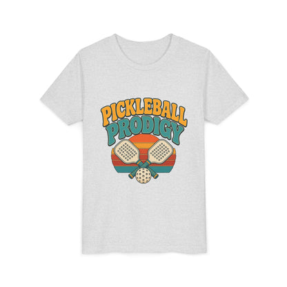 Kids heather gray pickleball tee with colorful "Pickleball Prodigy" graphic and paddles
