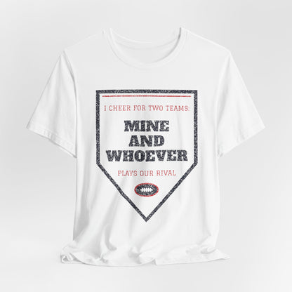White crewneck T-shirt with heart-shaped rival graphic reading “Mine and whoever”.