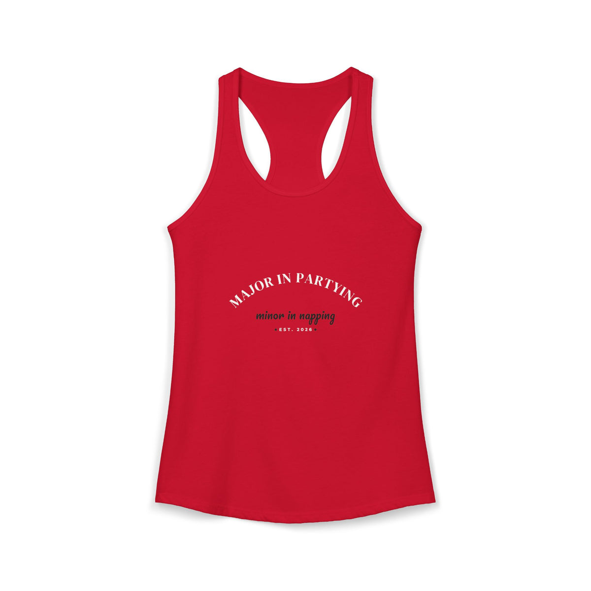 Red racerback tank with screenprint text on the front