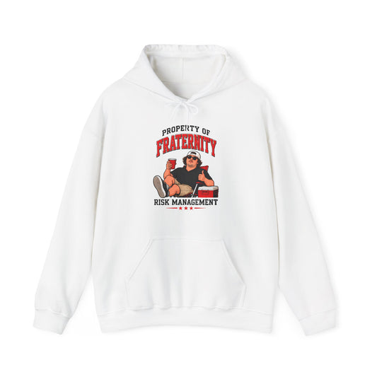 White hoodie with front pouch pocket, drawstring hood, and fraternity risk management graphic