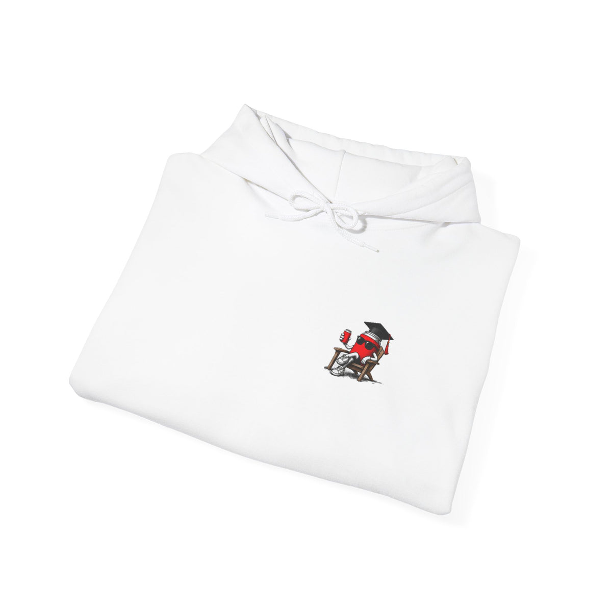 Folded white pullover hoodie with drawstring hood and small chest graphic