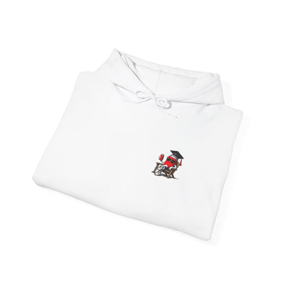 Folded white pullover hoodie with drawstring hood and small chest graphic