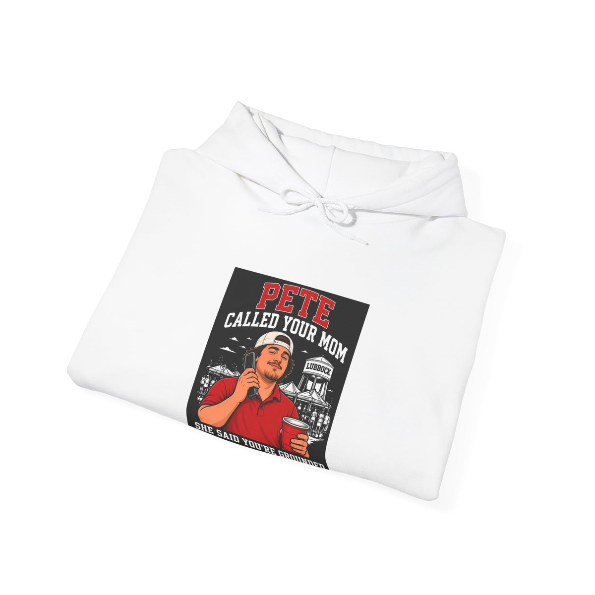 White folded pullover hoodie with front graphic print