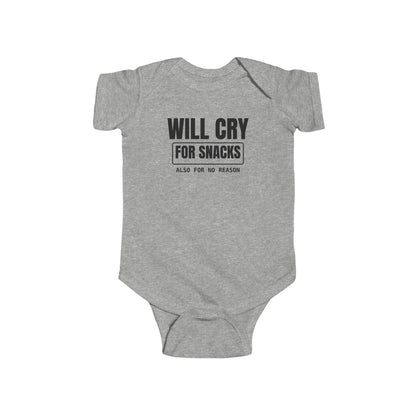 Will Cry For Snacks Funny Baby Onesie