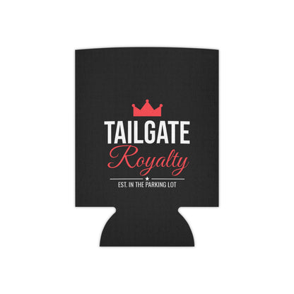 Black can cooler koozie with Tailgate Royalty logo and red crown emblem