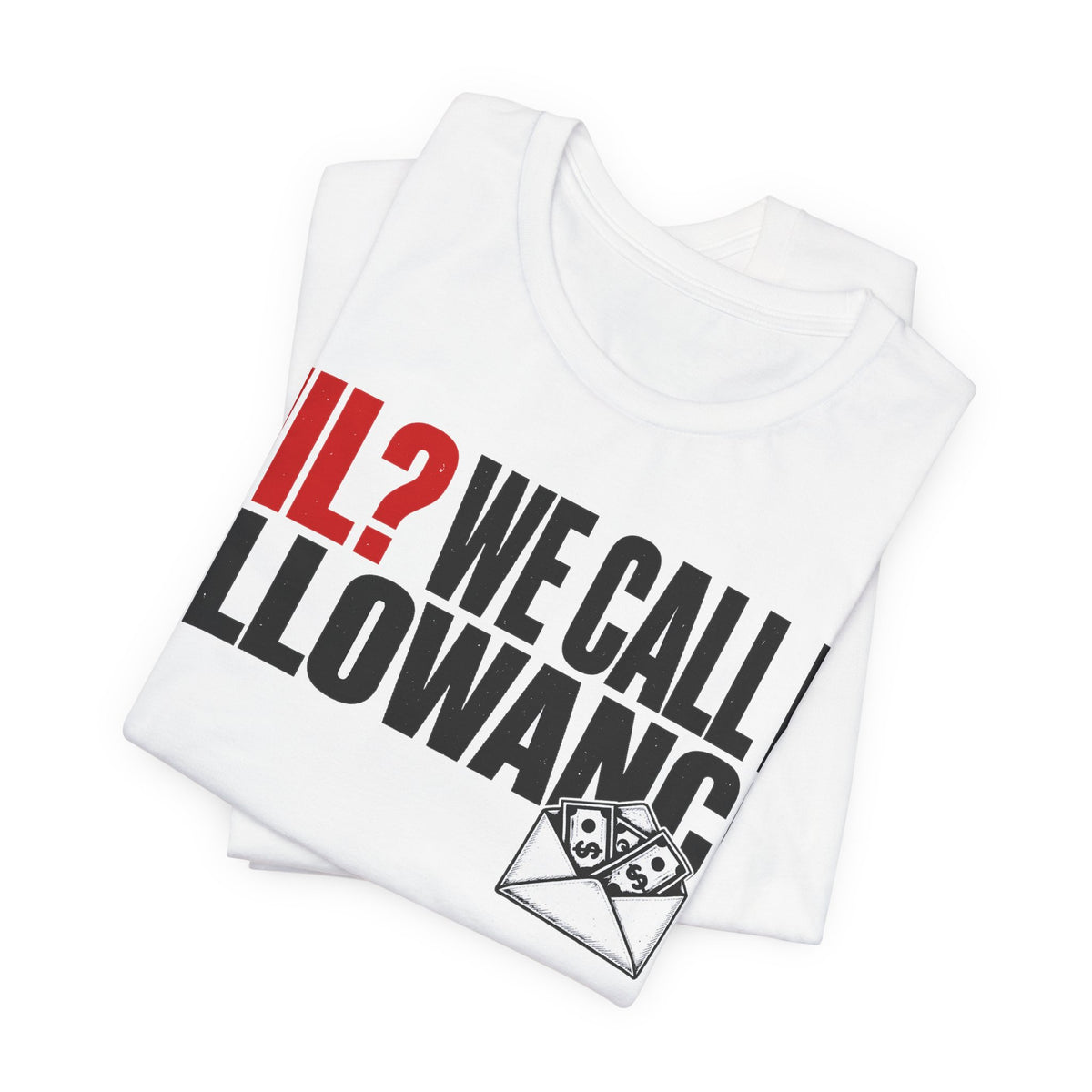 White crewneck short-sleeve graphic tee, folded, with NIL Allowance text and envelope icon