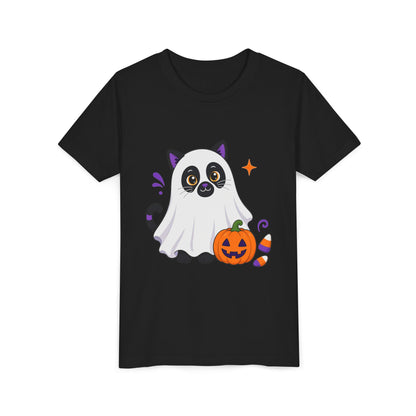 Kids black crew-neck tee with ghost cat Halloween graphic and jack-o'-lantern pumpkin