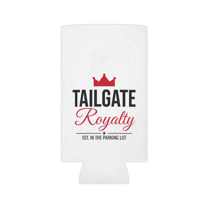 White fabric koozie with centered red crown, 'Tailgate Royalty' and 'EST. IN THE PARKING LOT'