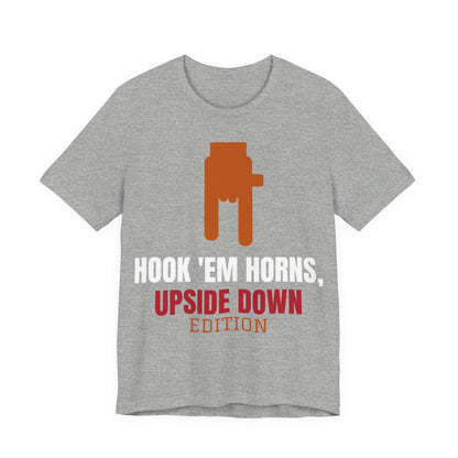 Heather gray graphic T-shirt with orange upside-down horns emblem and red/white text