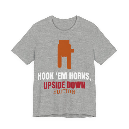 Heather gray graphic T-shirt with orange upside-down horns emblem and red/white text