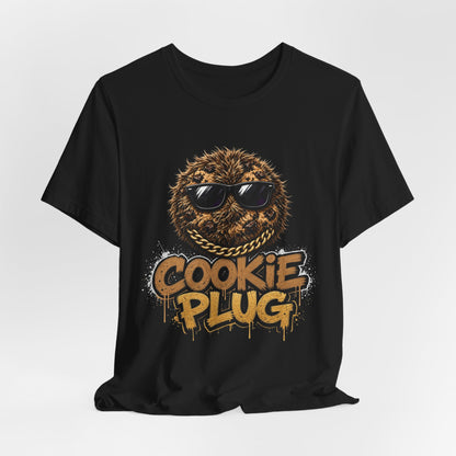 Black crewneck T-shirt with front graphic text 'COOKIE PLUG' and sunglasses cookie face