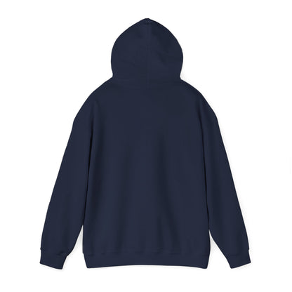 Navy pullover hoodie with hood, front pocket, and long sleeves