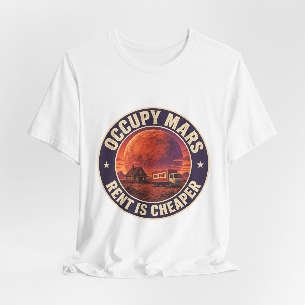White crewneck tee shirt with centered round Mars-themed logo