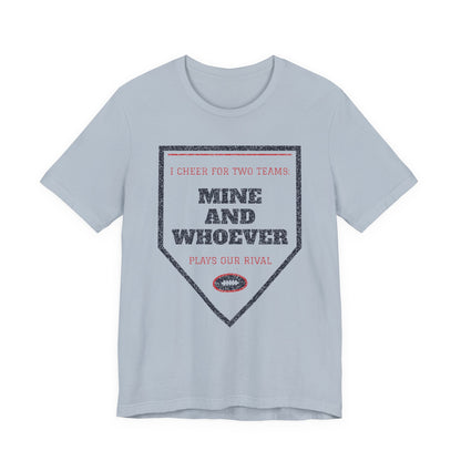 Funny college T-shirt, light blue, front triangle graphic with “Mine and Whoever”
