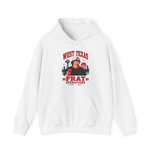 White pullover hoodie with front “West Texas Frat Operations” graphic