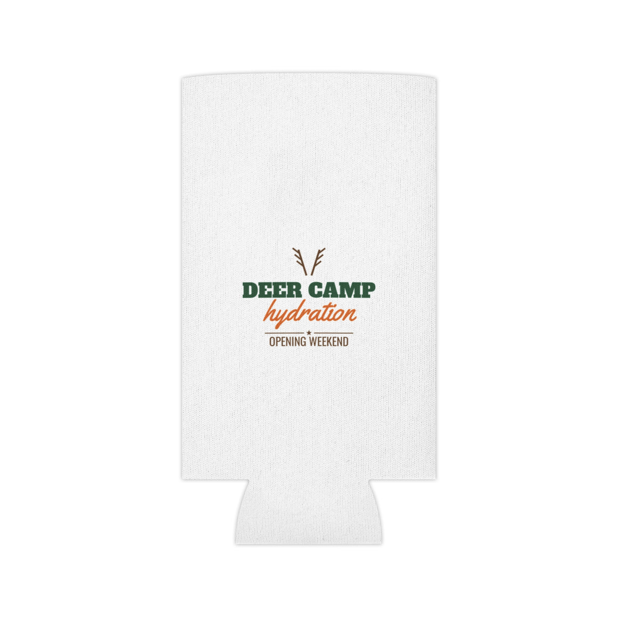 White hydration koozie with deer camp hydration logo and opening weekend text