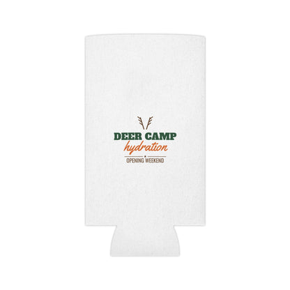White hydration koozie with deer camp hydration logo and opening weekend text