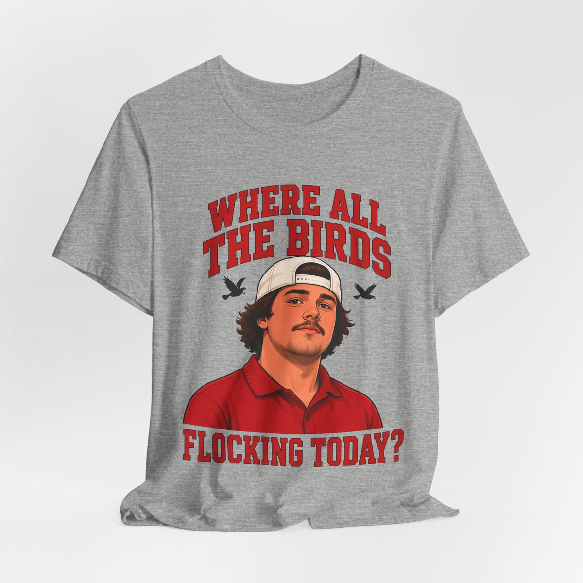 Athletic heather gray crewneck graphic tee with illustrated man and red 'WHERE ALL THE BIRDS' text.