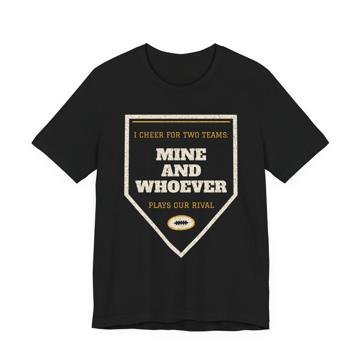 Funny college T-shirt, black, front triangle graphic with “Mine and Whoever”