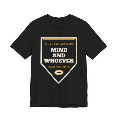 Funny college T-shirt, black, front triangle graphic with “Mine and Whoever”