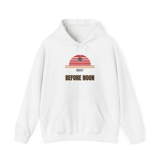White pullover hoodie with hood, drawstrings, kangaroo pocket, golf-themed 'Before Noon' graphic