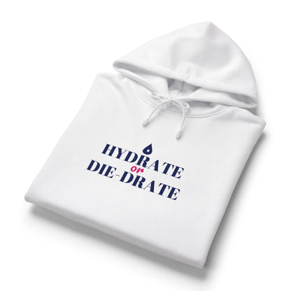 White hoodie with hood up and drawstrings, blue slogan graphic on chest