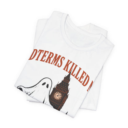 White graphic crewneck T-shirt, close view of ghost and 'MIDTERMS KILLED ME' print