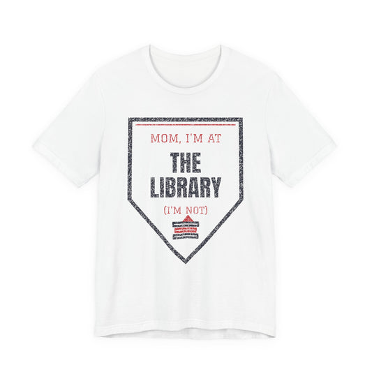 White graphic t-shirt with triangular "I'm at the library" text print