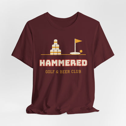 Maroon crew-neck T-shirt with 'HAMMERED' golf & beer club front print