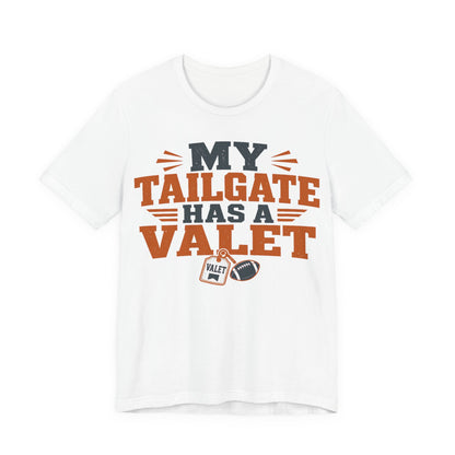 White crewneck short-sleeve tee with orange and black "MY TAILGATE HAS A VALET" graphic