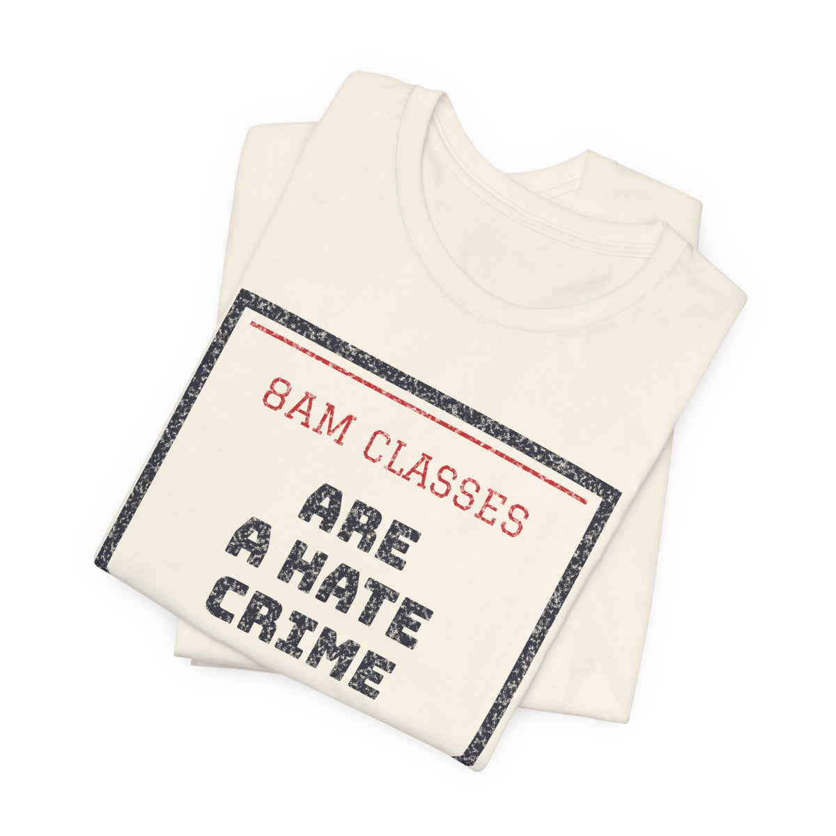 Natural/cream crew-neck T-shirt with triangular “8AM CLASSES” graphic print