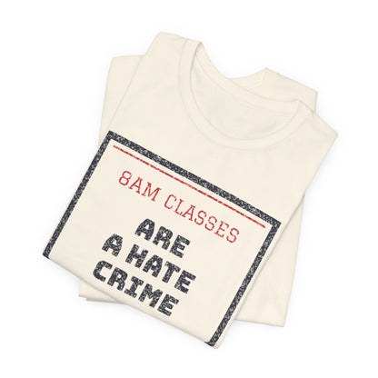 Natural/cream crew-neck T-shirt with triangular “8AM CLASSES” graphic print