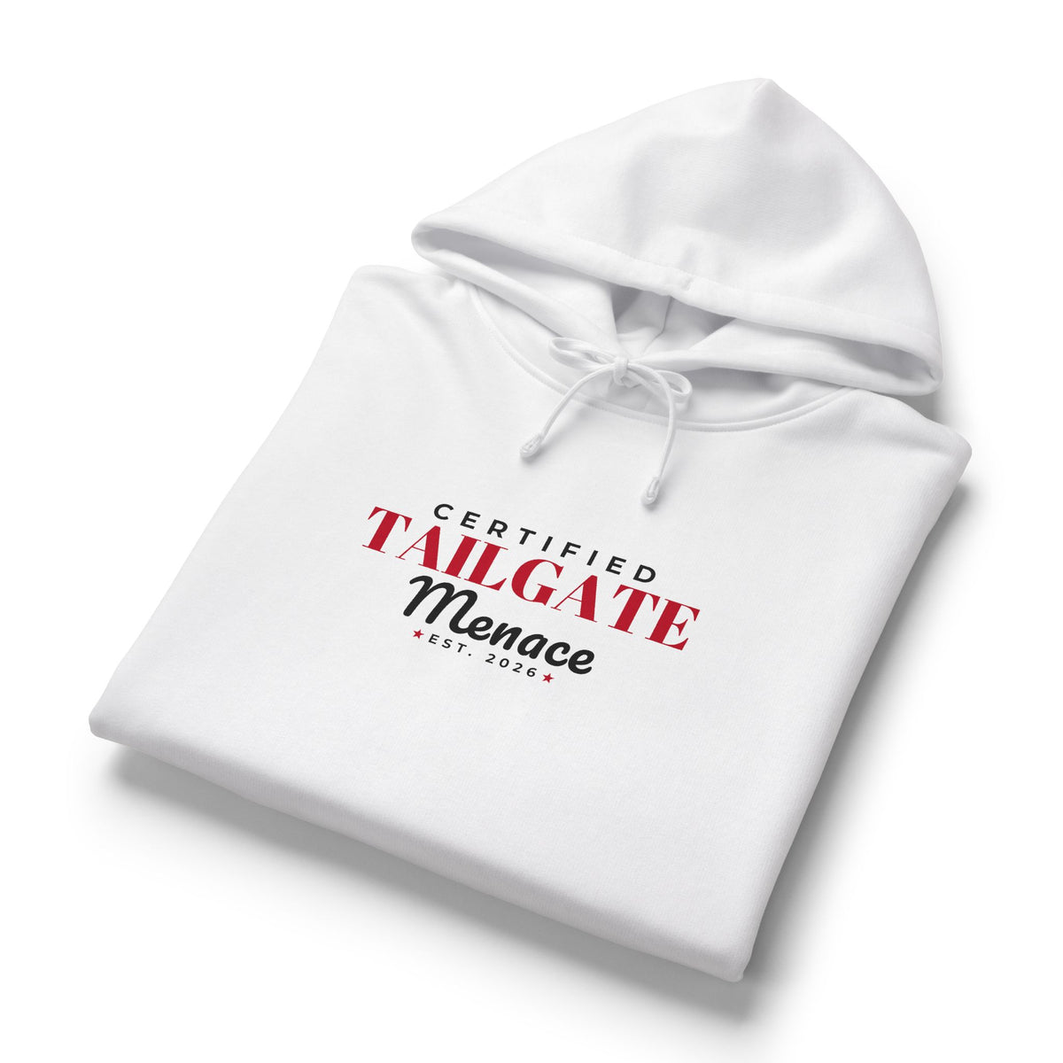White pullover hoodie with front logo and kangaroo pocket, relaxed fit