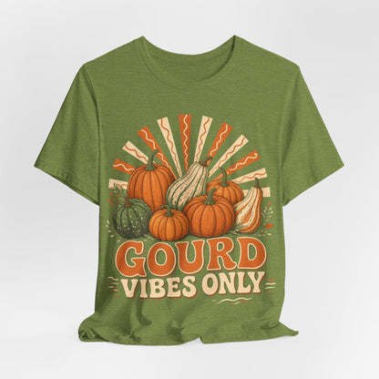 Heather green crew-neck tee with centered orange gourd Gourd Vibes Only graphic.