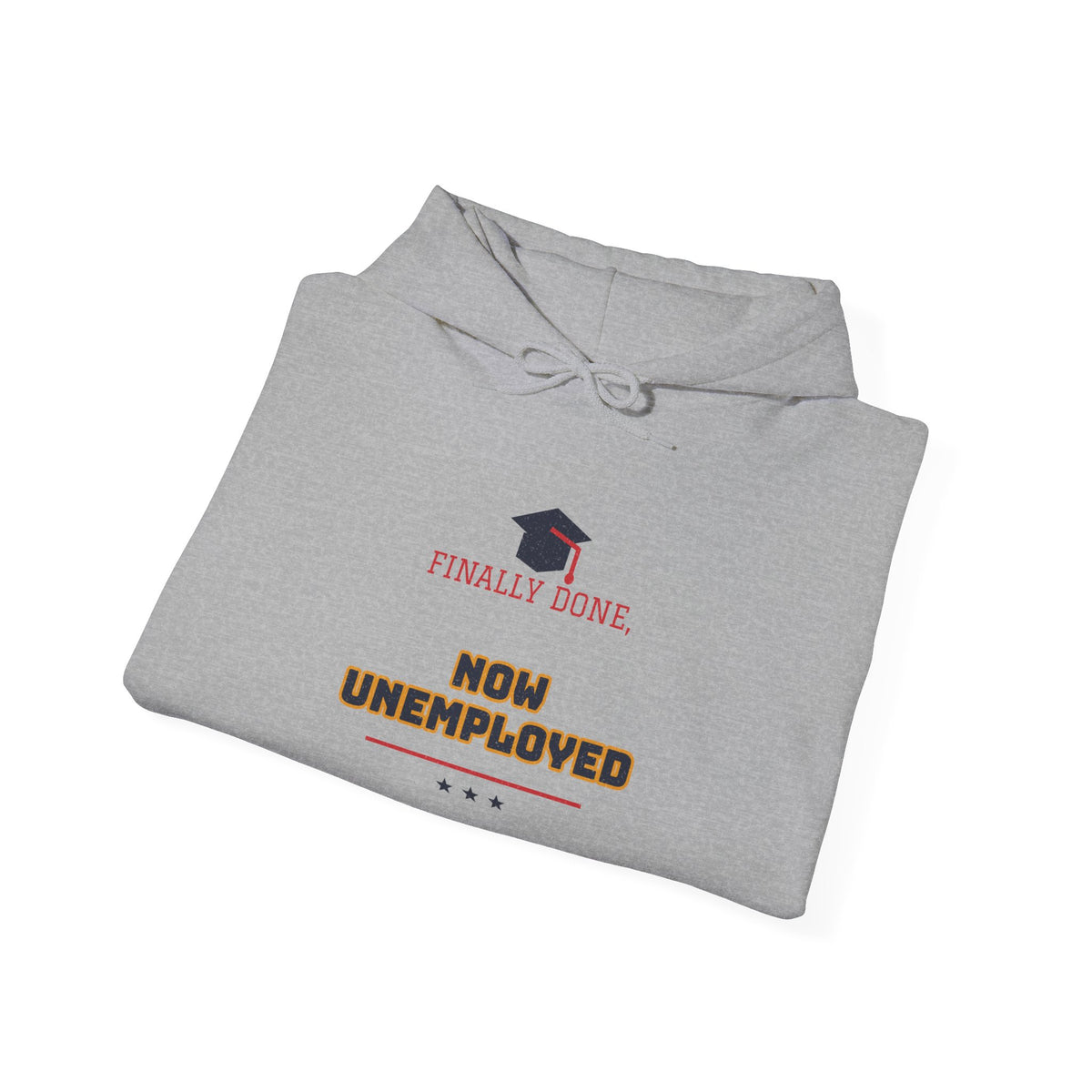 Sport grey hoodie folded flat, front slogan print with drawstring hood