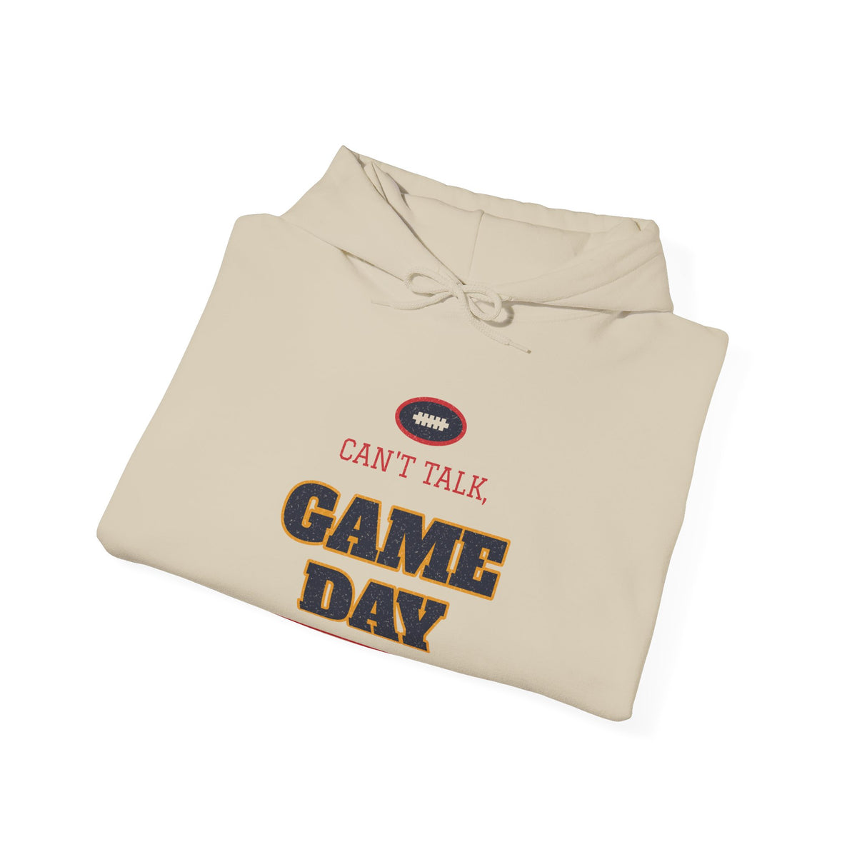 Beige pullover hoodie with front pouch, drawstring hood, and "CAN'T TALK GAME DAY" graphic