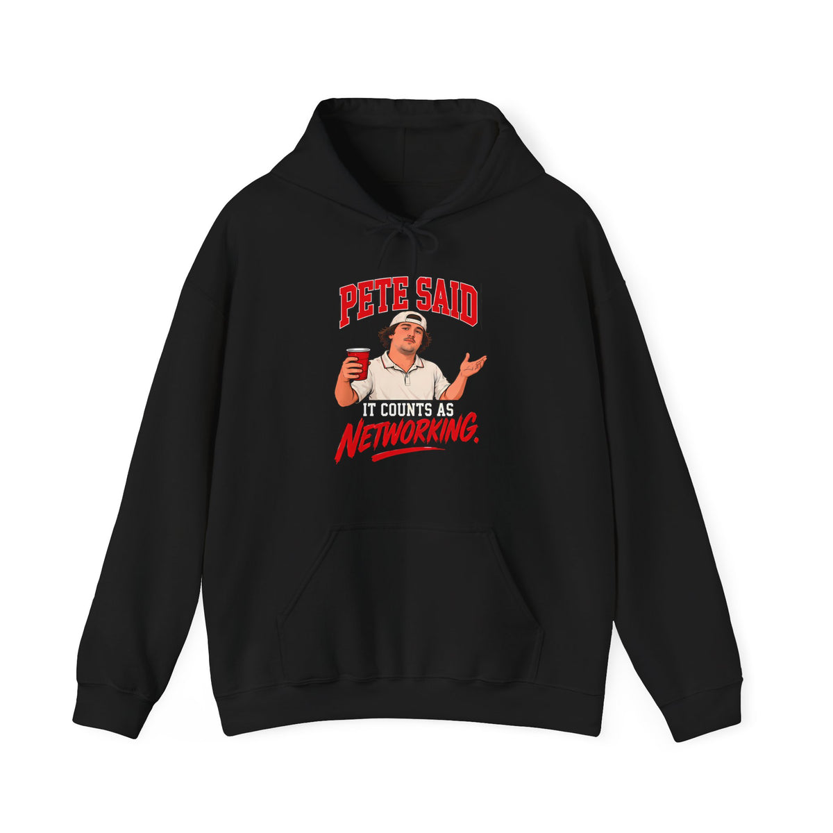 Black pullover hoodie with 'Pete Said' graphic on front, hood and drawstring.