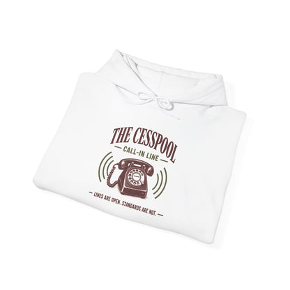 White hoodie, folded for display, with call-in line telephone logo and drawstring hood
