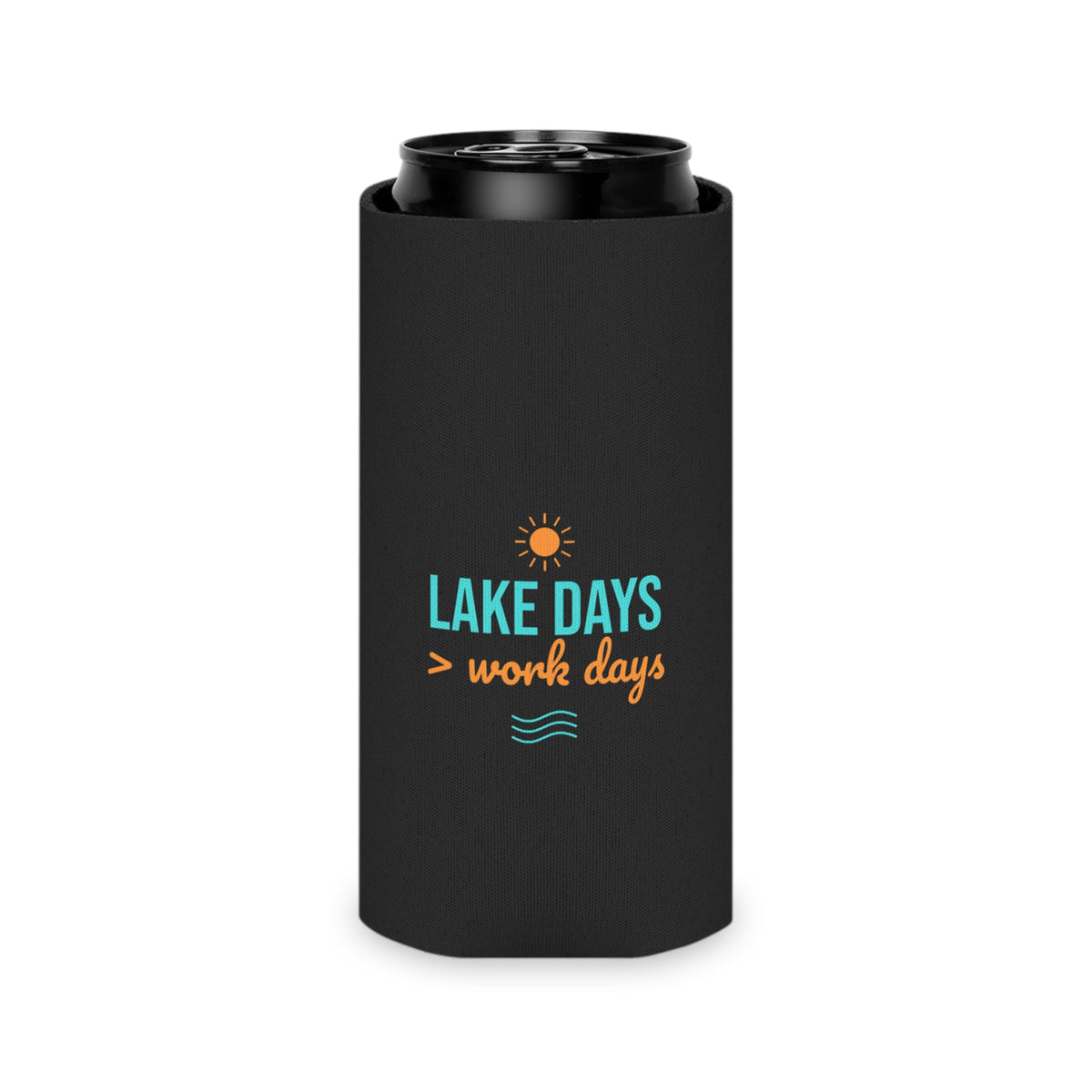 Black insulated can koozie with open top and Lake Days > work days text and waves