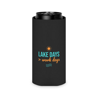 Black insulated can koozie with open top and Lake Days > work days text and waves