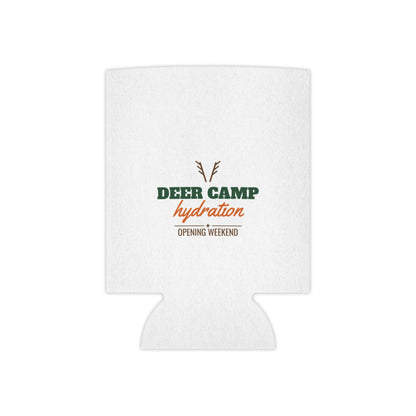 White hydration koozie with deer camp hydration logo in green, orange, and brown